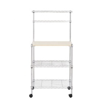 Étagère en fil métallique chromé à 4 niveaux sur pieds, chariot de rangement pour four à micro-ondes de cuisine avec plateau en MDF et crochets