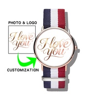Montre de couple personnalisée avec logo, or rose et argent, unisexe, minimaliste, avec bracelet en nylon tressé, pour cadeau promotionnel de petite entreprise