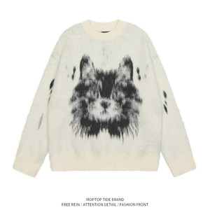 Custom Animal Wolf Graphic Faux Mohair Crew Neck Sweater Unisex <b>Oversized</b> <b>Fluffy</b> Fuzzy Knitted Pullover Streetwear Knit <b>Jumper</b> - Product Image 1