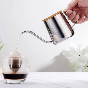 Cafetera de acero inoxidable con asa de bambú y tapa de teflón, de boca larga y pequeña, para café expreso. - Product Image 2