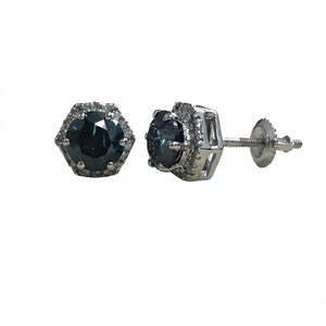 Boucles d'oreilles clous halo pour femme en argent sterling 925 plaqué rhodium avec diamant naturel bleu taille ronde de 1,68 carat, bijoux tendance pour mariage et soirée - Product Image 1