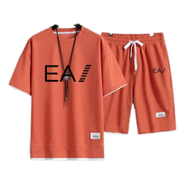 Herensport T-shirt zomer, casual, wafelstructuur, korte mouwen, ademend, gebreid, tweedelig set, groothandel, los, effen, spandex/katoen