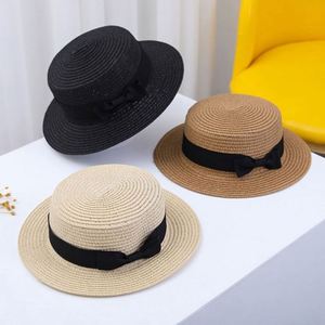 Wholesale Summer Children Beach <b>Hats</b> Sunshade Sun protection <b>Flat</b> Top Kids Straw <b>Hat</b> With Ribbon - Product Image 1