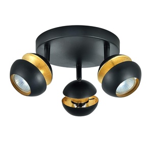 Plafoniera nera e oro con 3 portalampade GU10, dimensioni 14x22x22 cm, ideale per illuminazione decorativa e funzionale in spazi interni. - Product Image 1