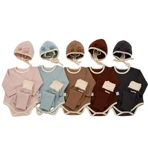 3 pçs/set inverno quente mini bebê menina terno roupas conjunto, sólido algodão romper manga comprida tops calças com chapéu bonnets