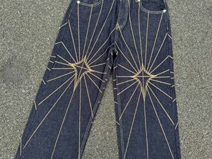 Jeans Vintage Neri da Uomo con Ricamo a Ragnatela, Design alla Moda, <span class=keywords><strong>Pantaloni</strong></span> Dritti Stile Thug Club a Gamba Larga - Product Image 4