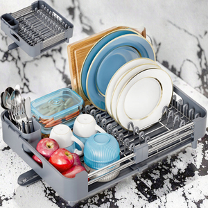 OEM拡張可能なグレーメタルディッシュラックデュアルパーツディッシュ排水管非傷可動カトラリー排水管調整可能収納ホルダーラック - Product Image 2