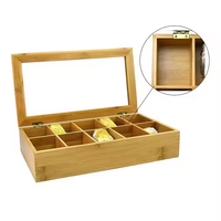 Organisateur et Conteneur de Rangement pour Sachets de Thé en Bambou Naturel Durable pour Bureau avec Couvercle Magnétique 8-10 Compartiments Fenêtres Acryliques