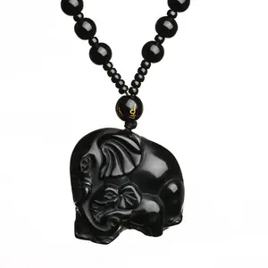 Wholesale Cheap Custom Made Protection Religious Black Animal Jade Elephant Glass Pendant Beaded Necklaces Jewelry