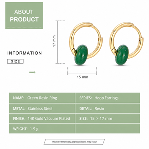 Green Resin Ring <b>Hoop</b> <b>Earrings</b> Stainless Steel 14K Gold Vacuum Plated 17 mm <b>Hinged</b> Circle Jewelry - Product Image 2