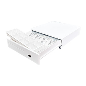 HER-335 Cassetto <span class=keywords><strong>Registratore</strong></span> <span class=keywords><strong>di</strong></span> <span class=keywords><strong>Cassa</strong></span> RJ11 6V/9V/12V/24V con Serratura a Tre Posizioni, 3-4 Scomparti Banconote, 4-8 Scomparti Monete, Nero/Bianco, 1M+ - Product Image 1