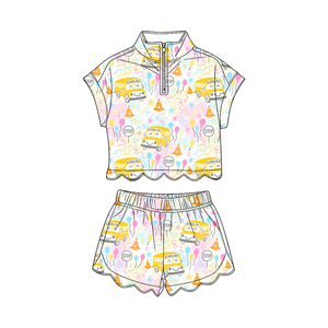 Conjunto de ropa infantil al por mayor GSSO3586 personalizado con estampado de lápiz Apple de Little Active Girl, camiseta de manga corta con cuello festoneado y cremallera - Product Image 2