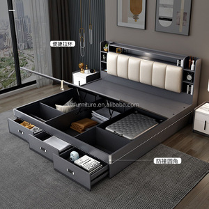 Hotel <b>Bed</b> King Size <b>Low</b> Price Solid Wooden <b>Frame</b> Gray Upholstered Storage <b>Bed</b> with Bookshelf Headboard For 3 Star Hotel Bedroom - Product Image 6