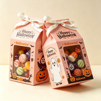 Caja de cartón OEM para dulces con lazo, regalo de fiesta, caja de calabaza de Halloween con ventana, para chocolate, alimentos y galletas