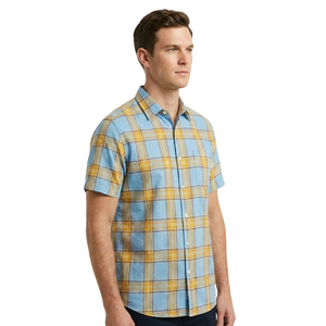 Chemise à carreaux vintage en coton et lin à manches courtes pour <span class=keywords><strong>homme</strong></span>, personnalisable avec logo OEM, de haute qualité, fabriquée par XUCHANG - Product Image 2