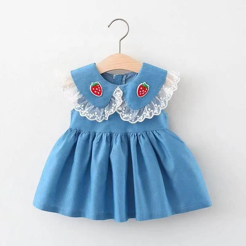 Sleeveless Pleated Princess Dress Cotton Denim Dress New Collar Strawberry Embroidered Lace Turn-down Design Girl Children
