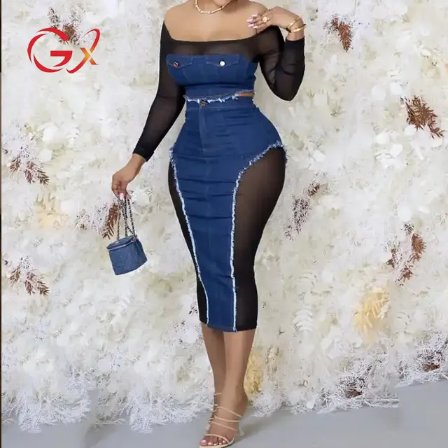 GX1356 Fashion trending unique clothes sexy off shoulder long sleeve mesh patchwork denim top and midi skirts women 2 piece set