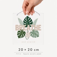 Plaque murale carrée en acrylique, art botanique BREATHE, panneau suspendu transparent de 20 cm avec cordon décoratif