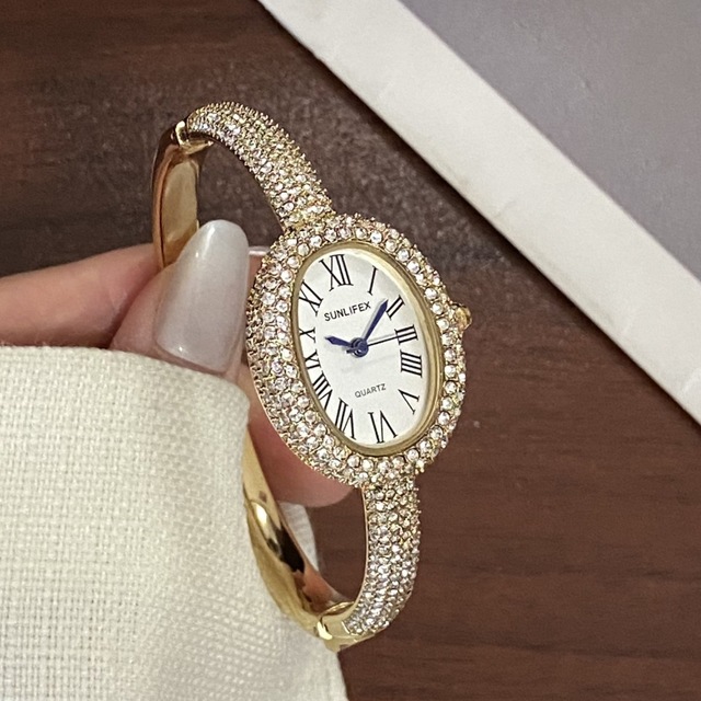 Oval Dial women's Quartz Watch Stainless steel band Full Diamond zircon gold plated Quartz Watch