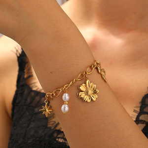 Bracelet en acier inoxydable plaqué or 18 carats pour femmes avec perle étoile marguerite fleur noeud style tendance pour cadeaux bouddhistes - Product Image 6
