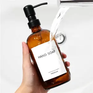 Modern 500ml Thick Amber Glass Pint Soap Bottles Stainless Steel Pump Hand Dish Soap Dispensers