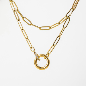 YF5143 Collar con Cierre de Presión Redondo Antideslustre Chapado en Oro de 18k de Acero Inoxidable con Dije de Circón y Cadena de Eslabones para Mujer - Product Image 1