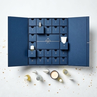 Boîte de calendrier de l'Avent bleu nuit personnalisée avec 25 tiroirs symétriques de tailles variées, emballage en papier pour cadeaux d'entreprise