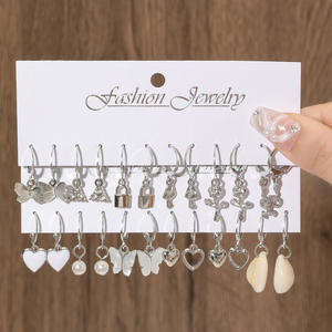 Parures de bijoux fantaisie en alliage plaqué argent, boucles d'oreilles en forme de cœur, perle, cadenas, serpent, papillon, champignon pour femme, cadeau, 12 paires - Product Image 1