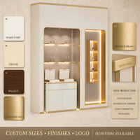 Vitrine murale pour bijoux avec éclairage LED et tiroirs, beige et or, pour boutique, vente en gros