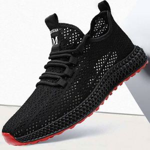 Chaussures de course respirantes pour hommes MUXIAN, en maille tricotée, à bout rond, à lacets, avec doublure en mesh, semelle extérieure en caoutchouc, toutes saisons, noir uni - Product Image 2
