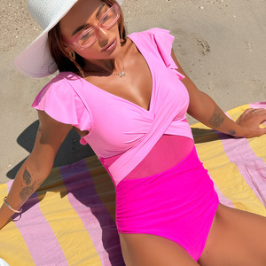 Maillot de bain une pièce pour femme, à manches volantées, découpes en maille, froncé, effet ventre plat, vente en gros pour l'été, la plage et la <span class=keywords><strong>piscine</strong></span> - Product Image 4
