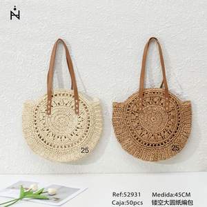 Bolsos de papel tejido redondos y grandes de 45 cm con diseño hueco para mujer, bolso de playa para verano. - Product Image 2