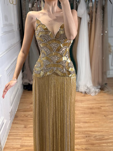 Serene Hill LA73748 Luxury <strong>Gold</strong> Fringe Evening <strong>Dress</strong> 2026 Strapless Beaded Tassel Formal <strong>Party</strong> Gowns for Women - Product Image 3