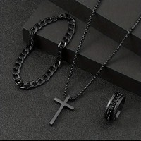 Nouvel Arrivage Tendance : Ensemble de Bijoux en Acier Inoxydable avec Pendentif Croix – Collier, Bracelet, Bague – Style Hip Hop pour Hommes – Vente en Gros