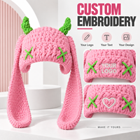 Bonnet tricoté fantaisie à double cornes et longues oreilles, bicolore, en fil épais, idéal pour les voyages, les fêtes, cadeau, vente en gros, faible MOQ, OEM