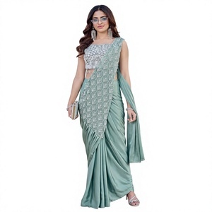 Sari en soie vert menthe élégant avec chemisier brodé, longueur ras du sol, tenue de mariage pour femmes, style Inde Pakistan, toutes saisons - Product Image 1