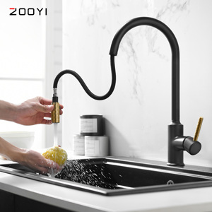 Factory Supply Matt Black and Gold Kitchen Sink Water Faucet Mixer <strong>Taps</strong> with Pull Out Spray <strong>Head</strong> - Product Image 3