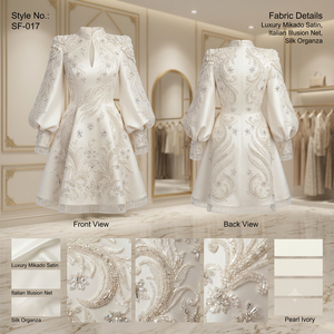 Robe en satin ivoire perlé à col montant, longueur genou, manches classiques, franges en cristal, soutien-gorge intégré, élégante robe de soirée cocktail - Product Image 2
