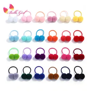 BELLEWORLD Wholesale little girls 24colors fluffy pom pom pigtail hair ties toddler elastic hair bands with balls