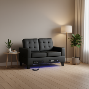 Sofá de Dos Plazas Genesis de 55.5 Pulgadas en Tela de PVC Negra con Respaldo Acolchado, Luces LED y Cargador USB, Sofá Contemporáneo para Sala de Estar - Product Image 2