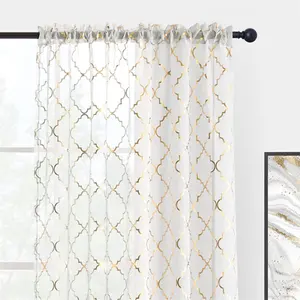 Moroccan Rod Pocket White Sheer Curtains Gold Foil Quatrefoil Pattern Window Curtain for Bedroom Living Room