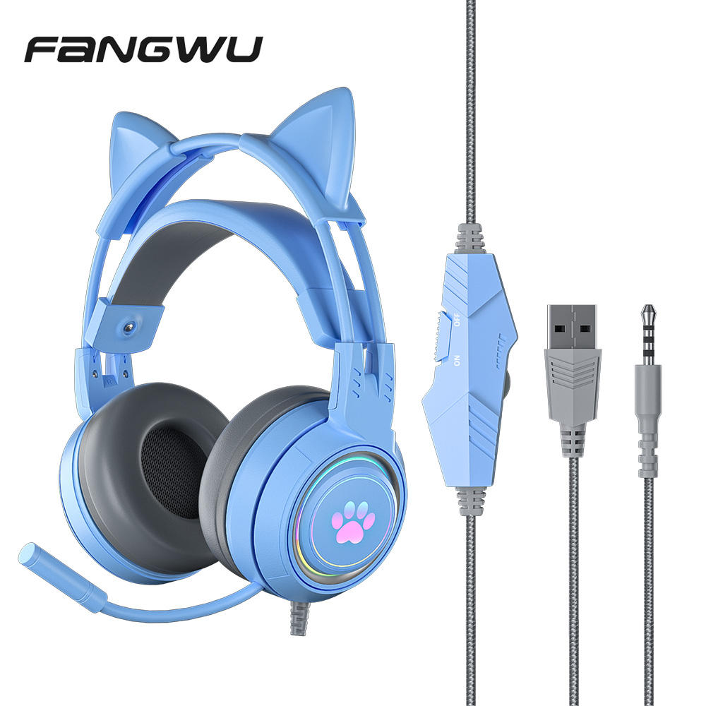 Headphone Game Telinga Kucing untuk PC, Headset Komputer dengan Mikrofon  Peredam Kebisingan Kabel USB Colokan untuk PS4/Xbox One