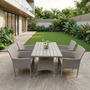 Ensemble de salle à manger et de jardin empilable en rotin moderne, étanche, fabriqué au Vietnam, avec structure en acier KD, 1 table et 4 chaises, pour terrasse, hôtel, style contemporain - Product Image 1