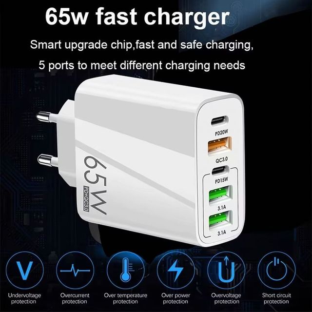 Universal 65W Charger with 3 USB Port PD Fast Charging Wall Socket Travel UK EU US Plug QC3.0 PD20W Type c Wall Charger