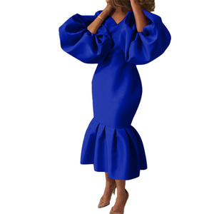 <span class=keywords><strong>Robe</strong></span> de soirée européenne et américaine en queue de poisson, <span class=keywords><strong>grande</strong></span> <span class=keywords><strong>taille</strong></span>, couleur unie, col en v, à manches longues - Product Image 2