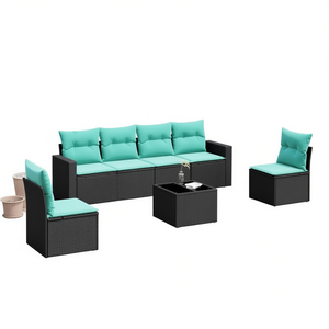 Ensemble de canapés de patio en polyrotin noir, 7 pièces, avec coussins, meubles d'extérieur, sièges de style contemporain pour 7 personnes - Product Image 1