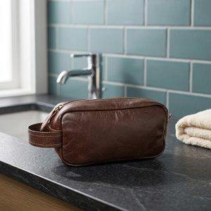 Trousse de Toilette en Cuir Véritable Taille Moyenne, Fermeture Éclair Vintage, Étui Cosmétique Durable pour Voyage - Product Image 3