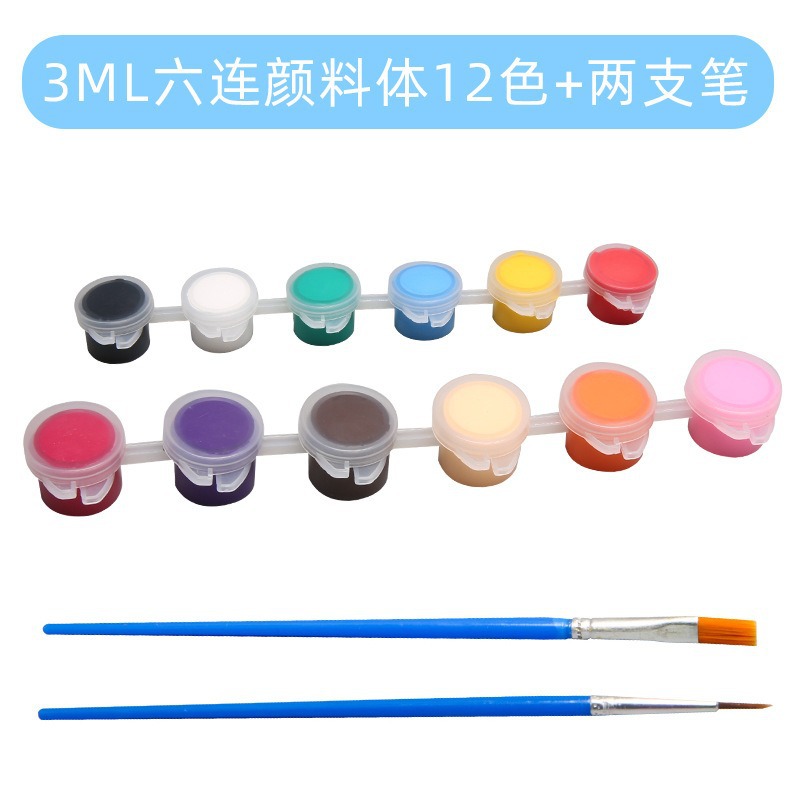 12 colores de pintura y dos pinceles.