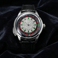 Montre-bracelet mécanique pour homme en cuir, avec verre minéral, style casino, diamant, bouton européen, pour le sport et le jeu de roulette analogique