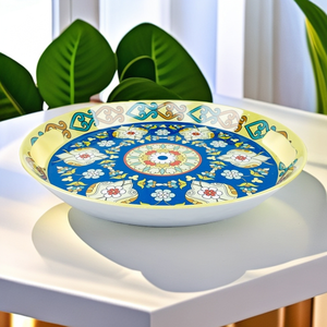 Plateaux de service en plastique de modèle de décalque de <span class=keywords><strong>fleur</strong></span> colorée de forme ronde plateaux de mélamine avec la poignée - Product Image 3
